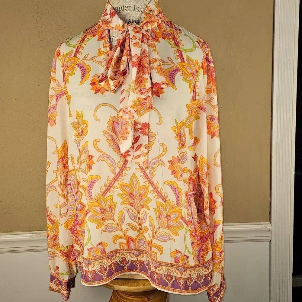 Flying Tomato Cream Blouse with Pink, Orange & Yellow Paisley Print